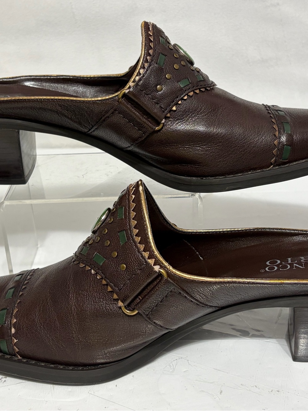 Franco Sarto Brown Leather Slip-On Mules with Green Accents